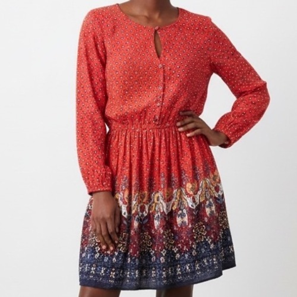 Hollister Red Boho Floral Medallion Fit Flare Mini Dress Large indie boho Gypsy‎
